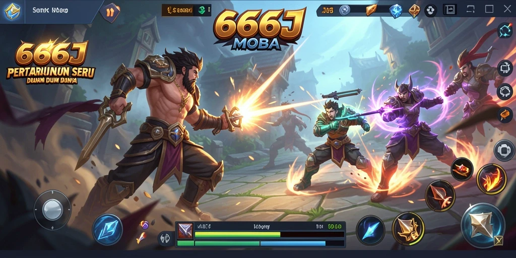 Screenshot gameplay seru dalam pertempuran MOBA 666J.