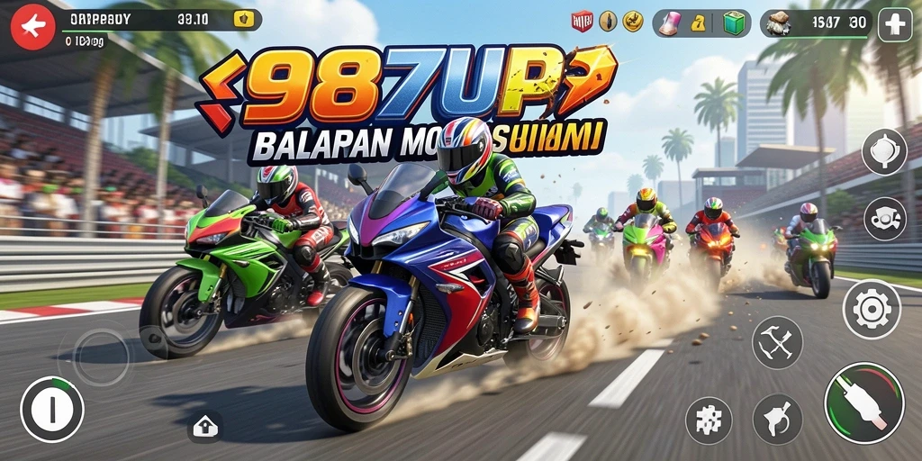 Tampilan gameplay seru di 987UP dengan motor balap yang keren.