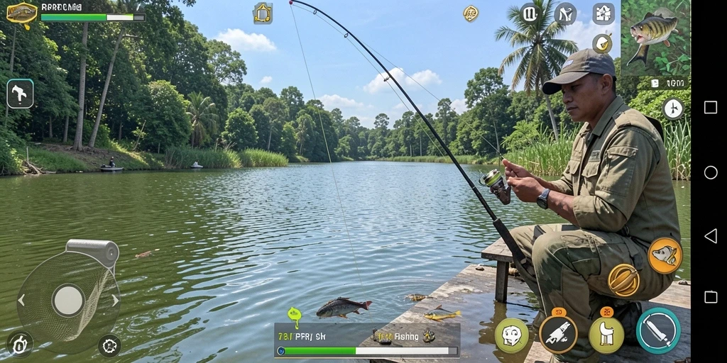 Screenshot utama menunjukkan pemain dalam aksi memancing yang seru.
