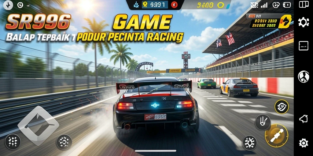 Screenshot gameplay SR996 yang menampilkan balapan seru di sirkuit.